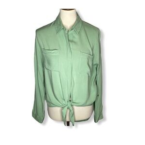 Anthropologie Maeve Green Tie Front Long Sleeve Blouse Oversized Sz S